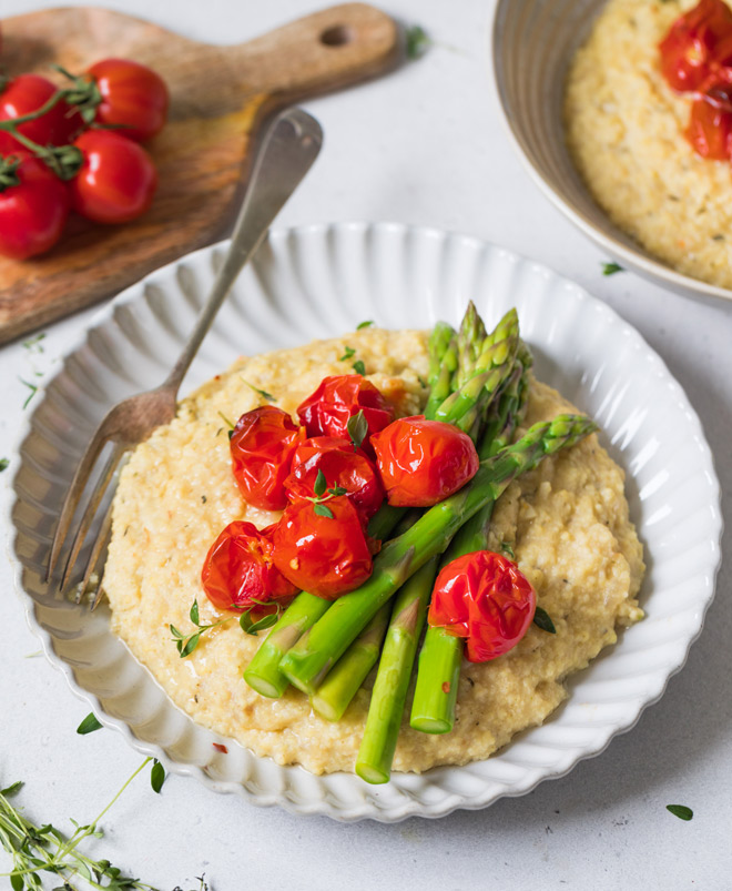 Millet Polenta With Roasted Cherry Tomatoes & Asparagus